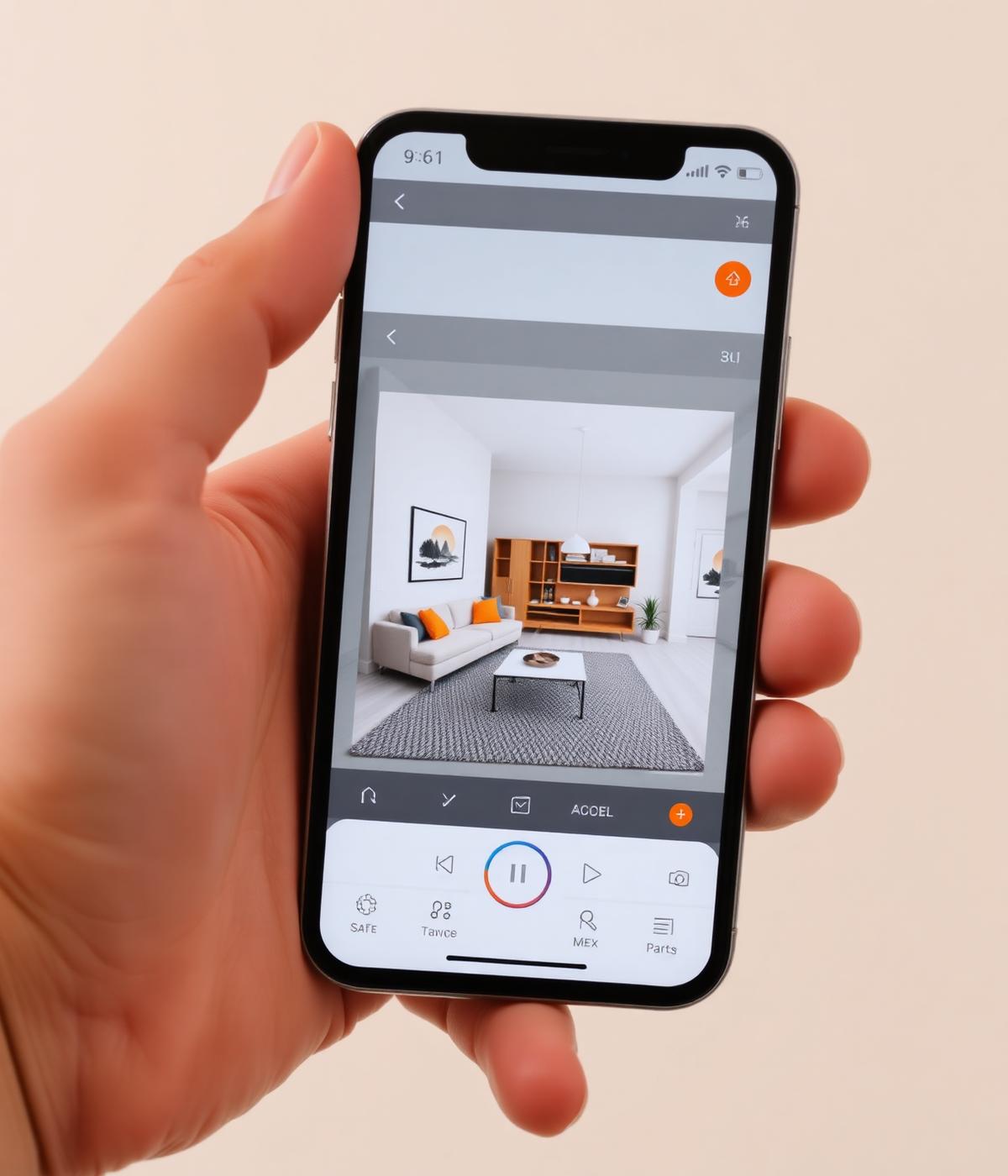 The obeeba iOS app showing a 3D model of a room being edited