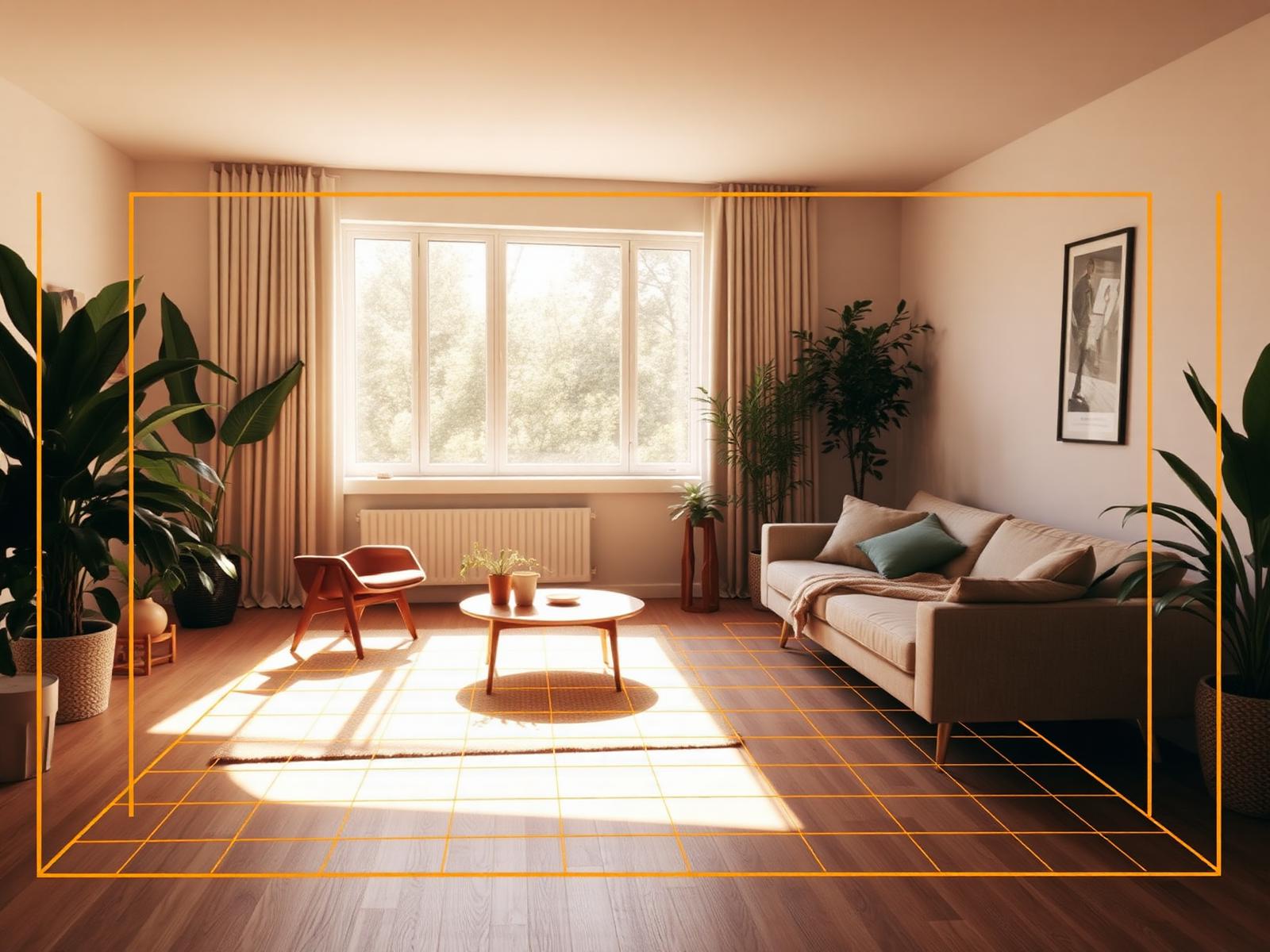 A warm living room being scanned into a 3D model by obeeba